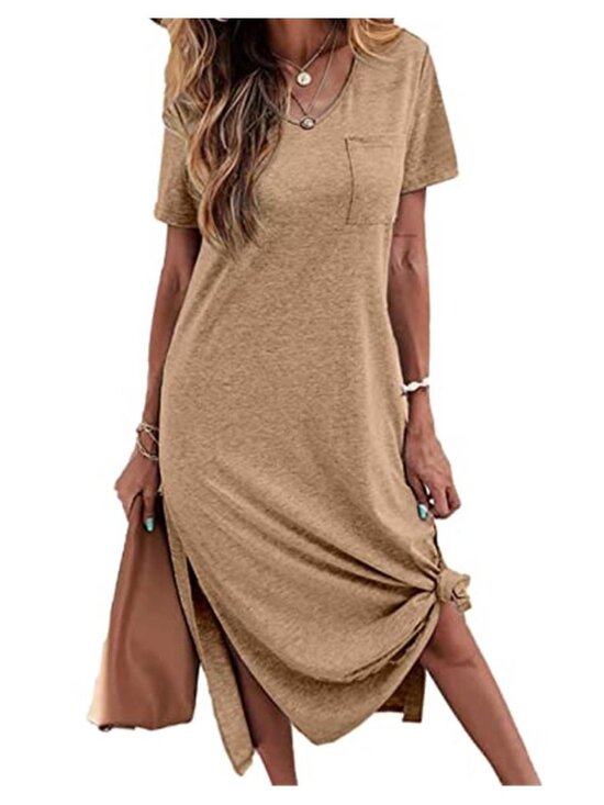 Dresses & Skirts - Womens Maxi Dress Short Sleeve Casual Long T Shirt Dress Soft Stretch Pockets